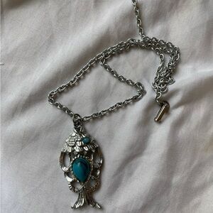 Vintage Fish w/ Faux‎ Turquoise Pendant Necklace
